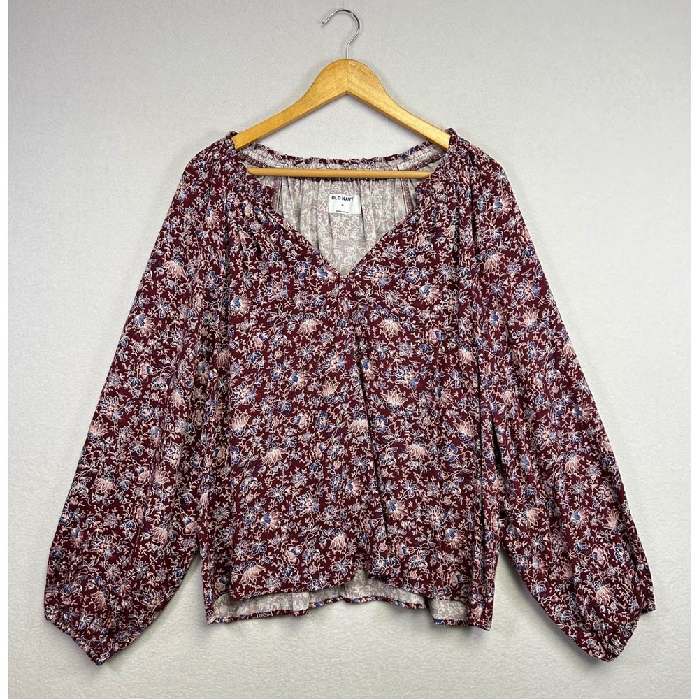 Old Navy Women's Burgundy Floral Print V Neck Long Sleeve Boho Blouse XL